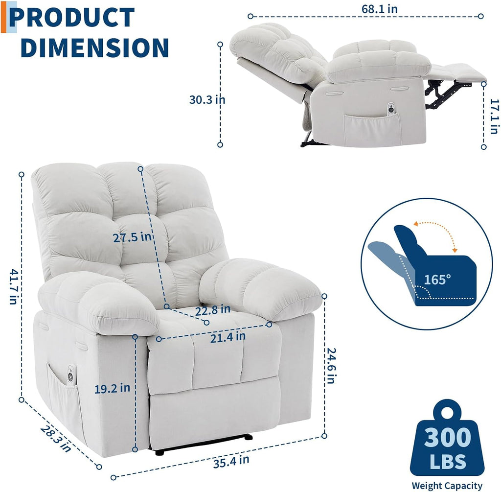 Recliner Rocking Chair with Massage & Heat, Wide Overstuffed Fabric Recliner with Breathable Upholstery, Ergonomic Design, 2 Side Pockets & Remote Control for Living Room or Bedroom (Beige)