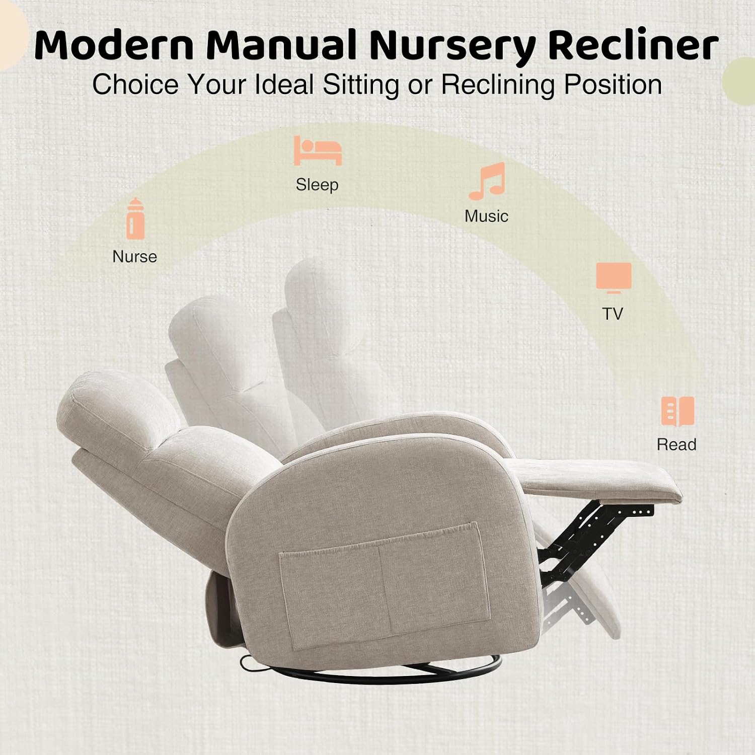 Manual Swivel Rocker Recliner, Nursery Rocking Chair with Lumbar Support, Chenille Nursering Glider Recliners with Double Pockets for Living Room, Camel
