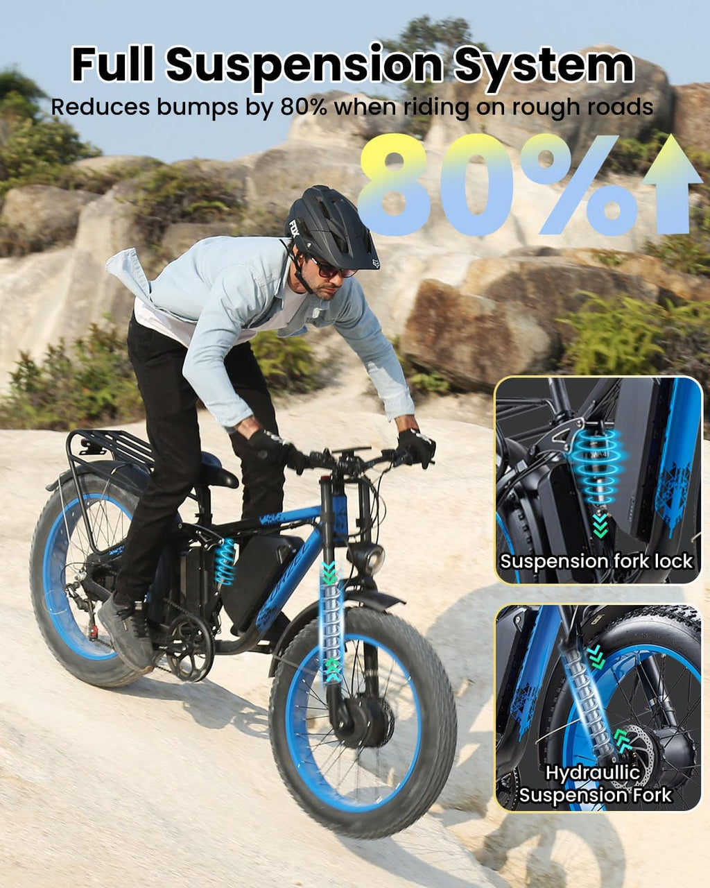 Peak 3000W Dual Motor Ebike for Adults, 48V 25AH Long Range Electric Mountain Bike, 30-34MPH Step-Thru Unlocked Electric Bike, 24'Fat Tires & Full Suspension,Conquer Mountains, Snow, Sand & Roads,Blue