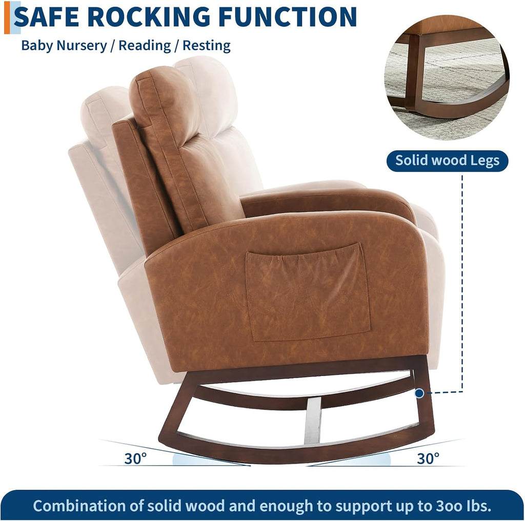 Nursery Rocking Chair, Upholstered Glider Rocker with High Back & Side Pocket, Comfy Nursing Chair for Breastfeeding, Padded Nursery Armchair for Baby Room, Bedroom & Living Room, Vintage Brown