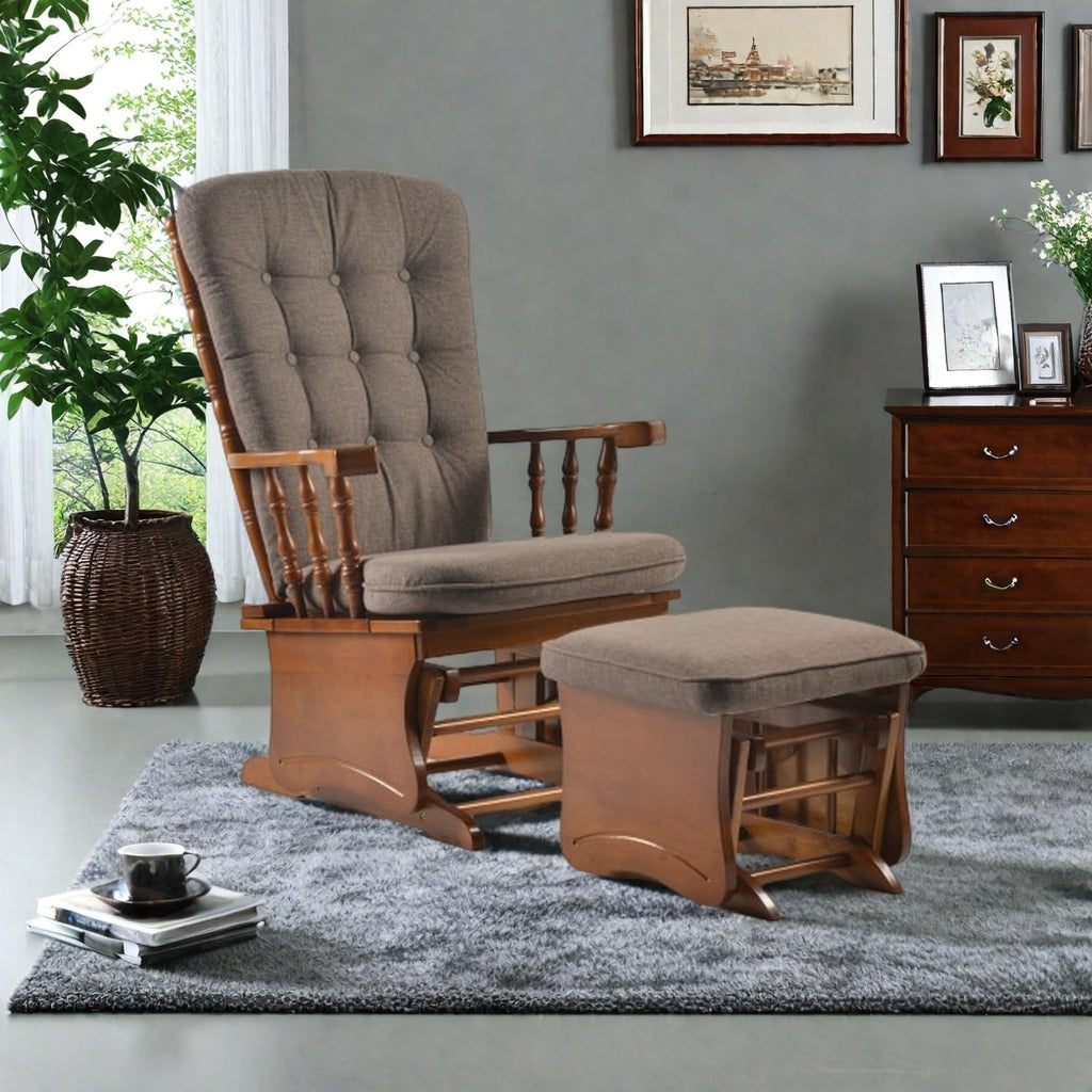 Anti-Pinch Glider Chair with Ottoman, Nursery Rocking Chair for Baby & Mom, Solid Wood Glider Rocker with High Back Cushion, Nursing Chair for Living Room, Bedroom & Nursery, Antique Espresso