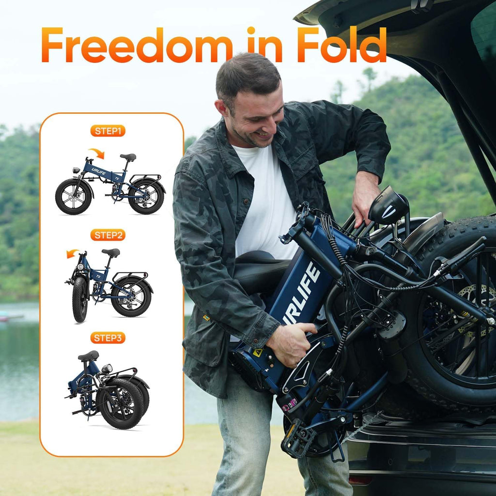 URLIFE Folding Electric Bike for Adults, 48V Motor, 60-80 Miles per Charge, 20'x4' Fat Tires with Quad-Link Full Suspension, 7-Speed & LED Display