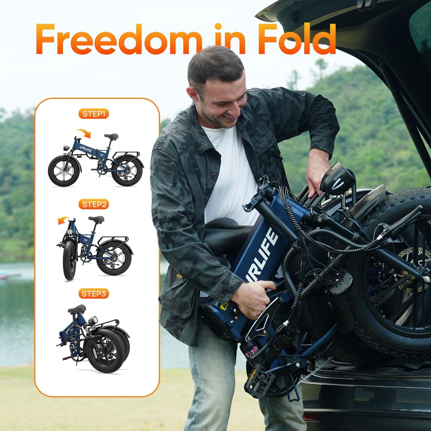 URLIFE Folding Electric Bike for Adults, 48V Motor, 60-80 Miles per Charge, 20'x4' Fat Tires with Quad-Link Full Suspension, 7-Speed & LED Display