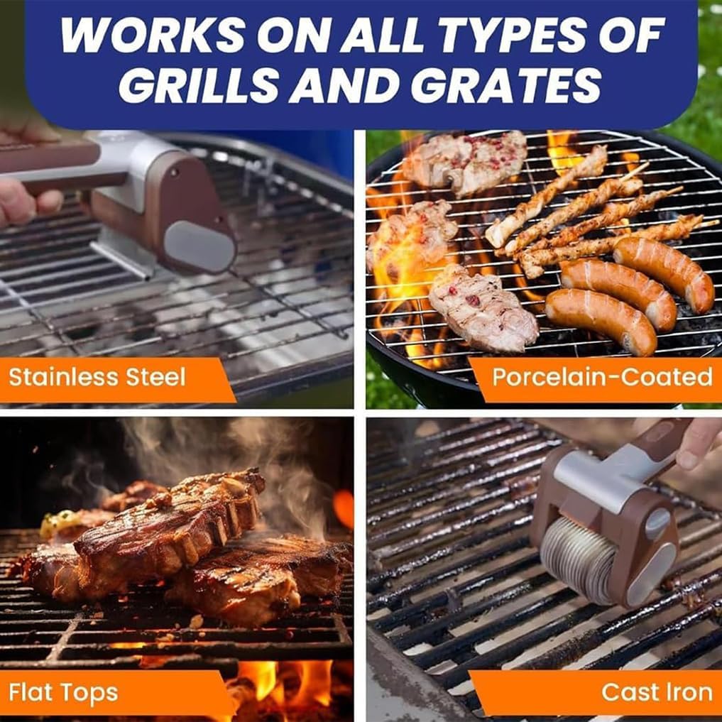 Electric Grill Cleaner Bristle Free, Stainless Cordless & Rechargeable Steel Power Roller with LED Light, Spinning BBQ Grill Brush, 350 RPM High-Speed Cleaning