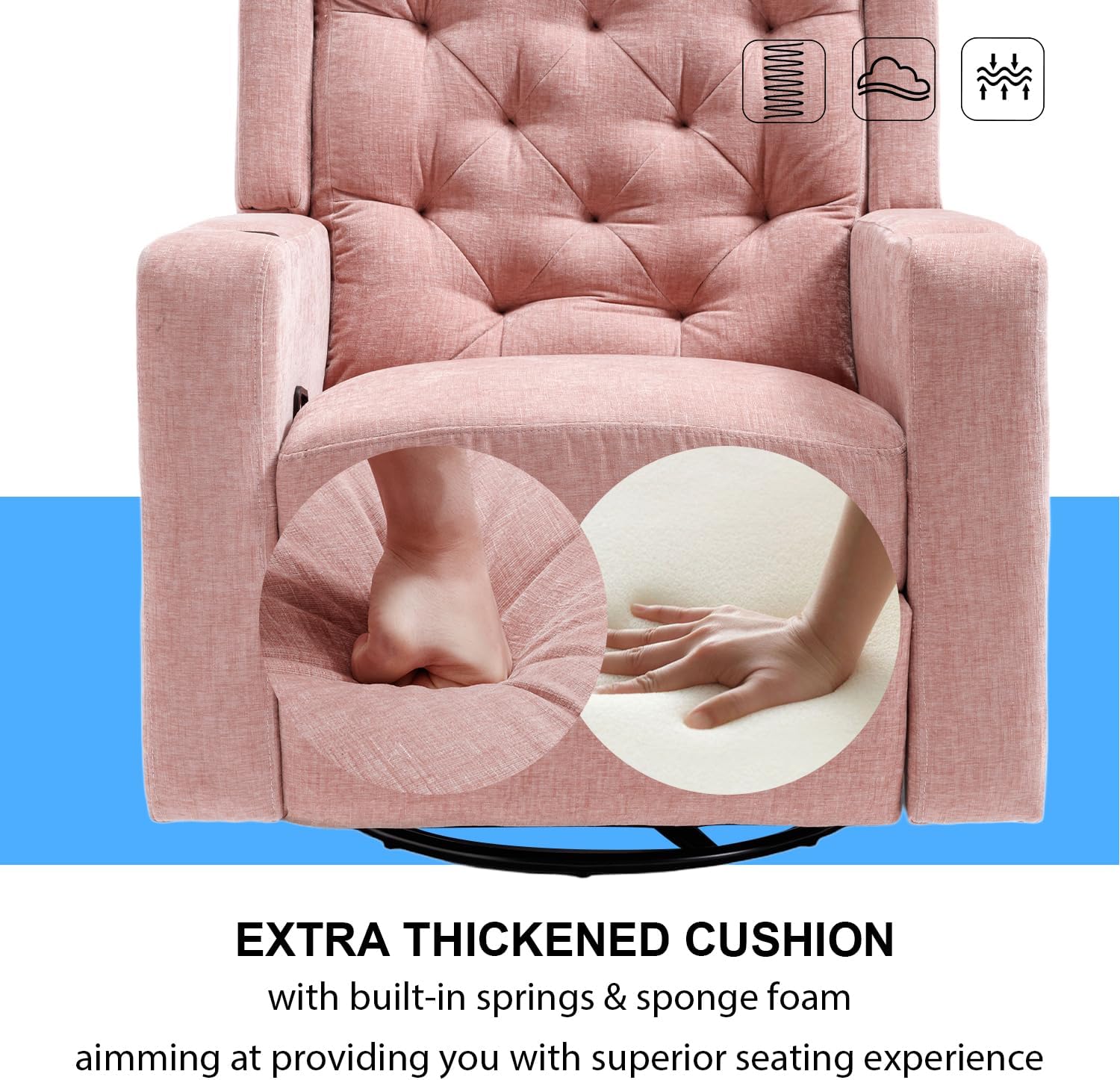 Oversized Swivel Rocker Recliner Chair Wide Seat Heavy Duty Fabric Reclining Chair, Tufted Manual Rocking Glider Chair Recliner for Nursery, Pink