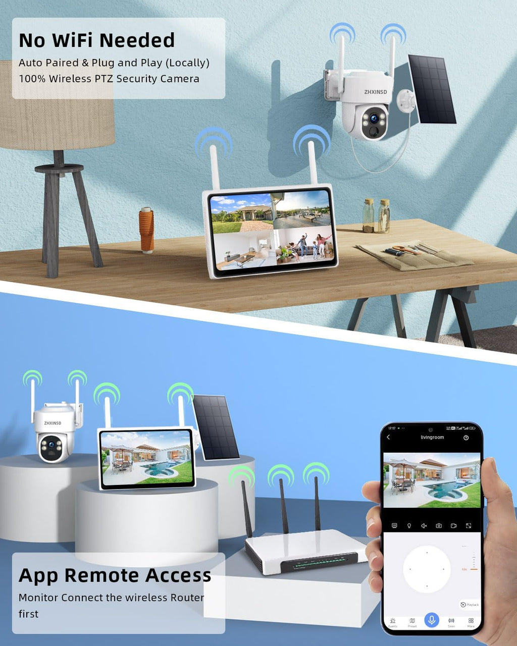 2.5K Outdoor Solar Wireless Security Camera System, 4-Camera Kit with 10' Monitor for Home Surveillance 360° View, 2.4/5GHz WiFi, Forever Power, 64GB Storage, No Subscription, No Monthly Fee