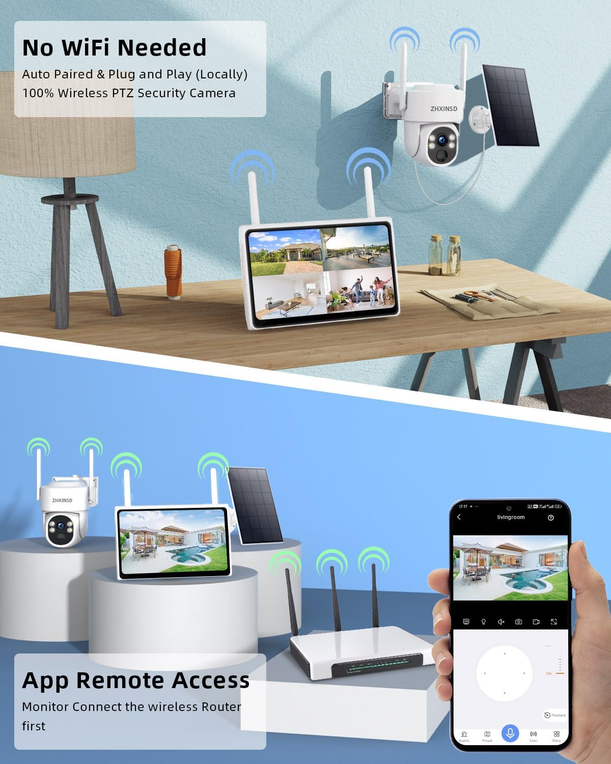 2.5K Outdoor Solar Wireless Security Camera System, 4-Camera Kit with 10' Monitor for Home Surveillance 360° View, 2.4/5GHz WiFi, Forever Power, 64GB Storage, No Subscription, No Monthly Fee