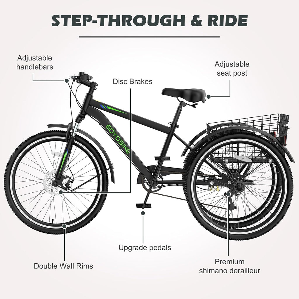 ABORON Adults Tricycle, 3 Wheels Bike for Adult, Tricycle for Adults, Double-Wall Wheel Rims, Tricycle for Women Men Exercise Outdoor Sports