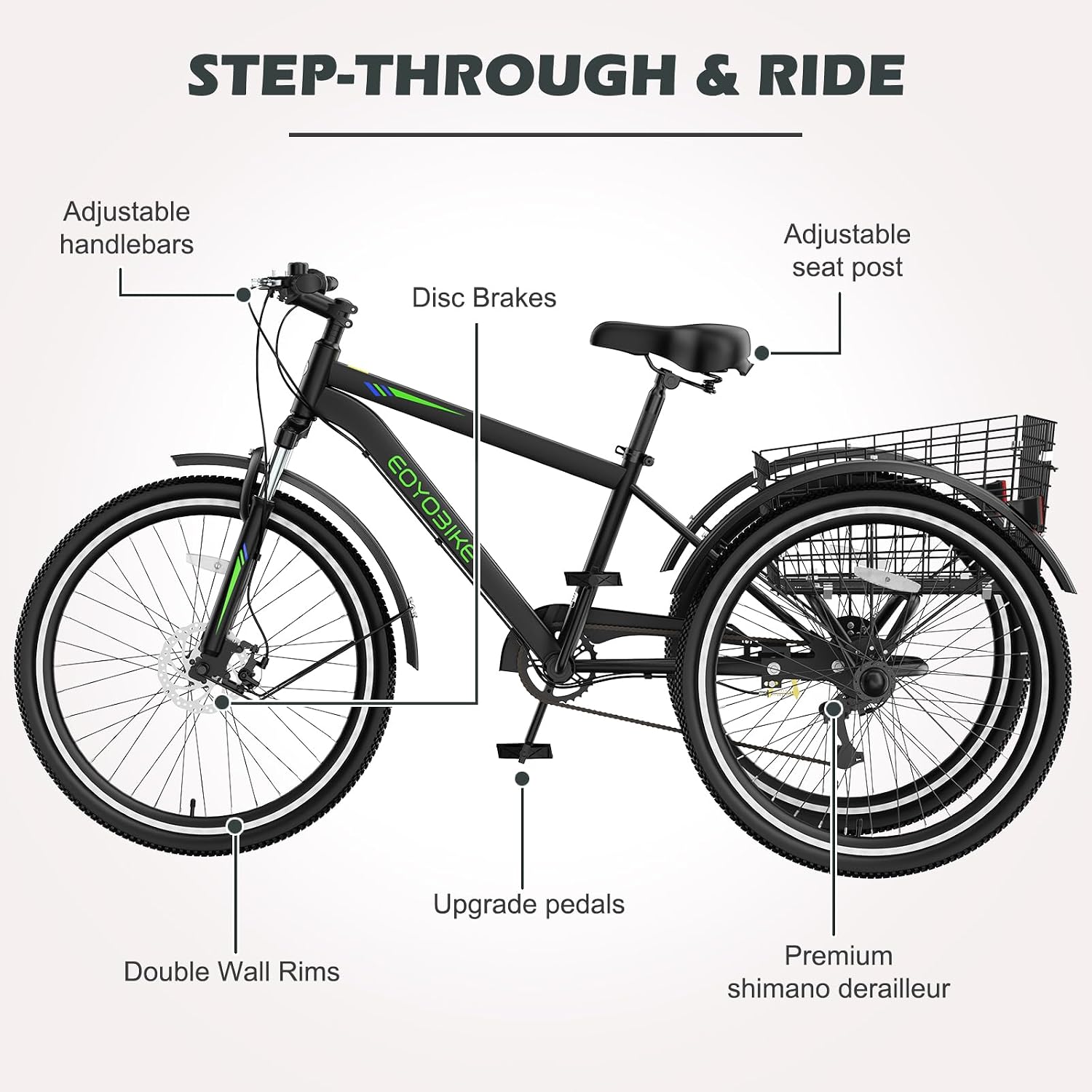 ABORON Adults Tricycle, 3 Wheels Bike for Adult, Tricycle for Adults, Double-Wall Wheel Rims, Tricycle for Women Men Exercise Outdoor Sports