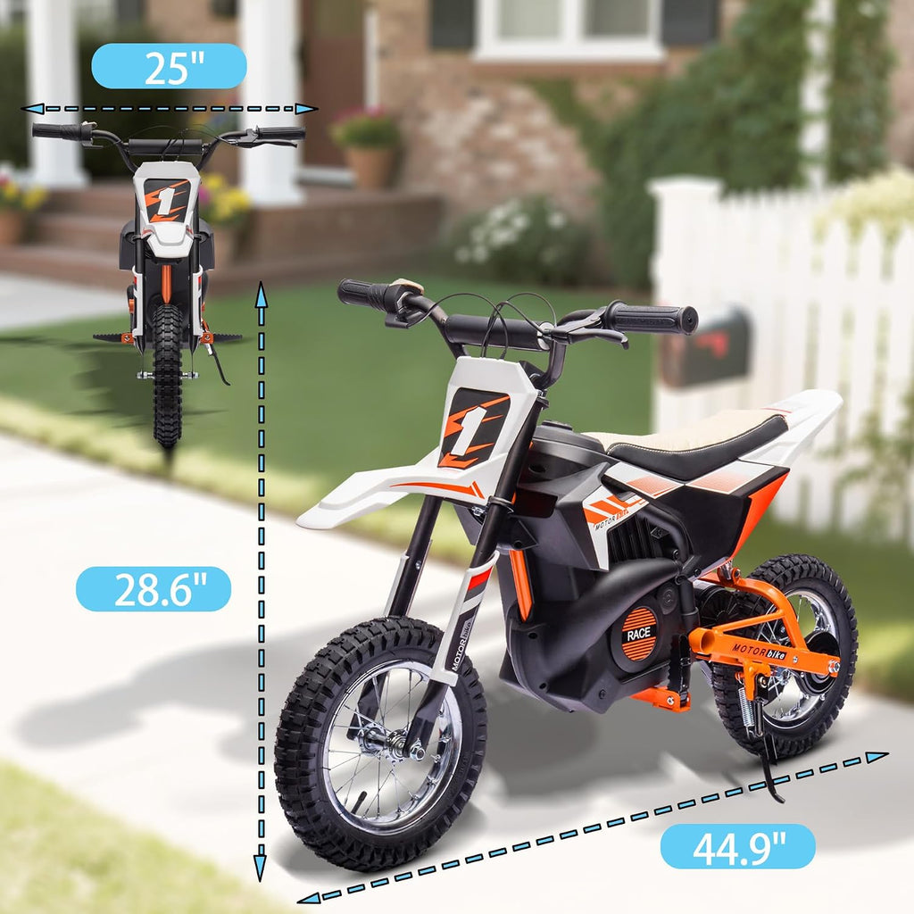 24V Kids Electric Dirt Bike, 250W Strong Motor 14MPH Fast Speed Electric Off-Road Motorcycle, Leather Seat Battery Powered Off-Road Bike, White