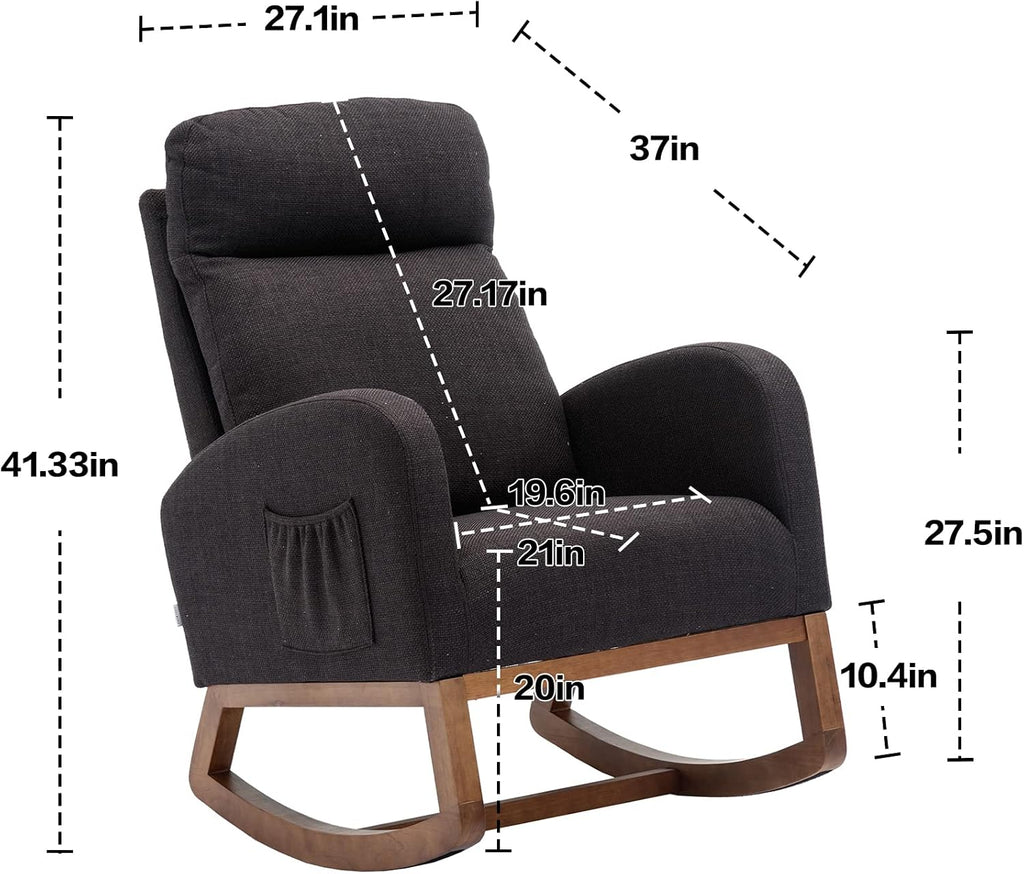 Modern Rocking Chair with Breathable Yellow Linen & Solid Wood Legs - Recliner Glider Armchair Featuring Side Pocket, High Back Support for Nursery, Living Room, Bedroom (Black)
