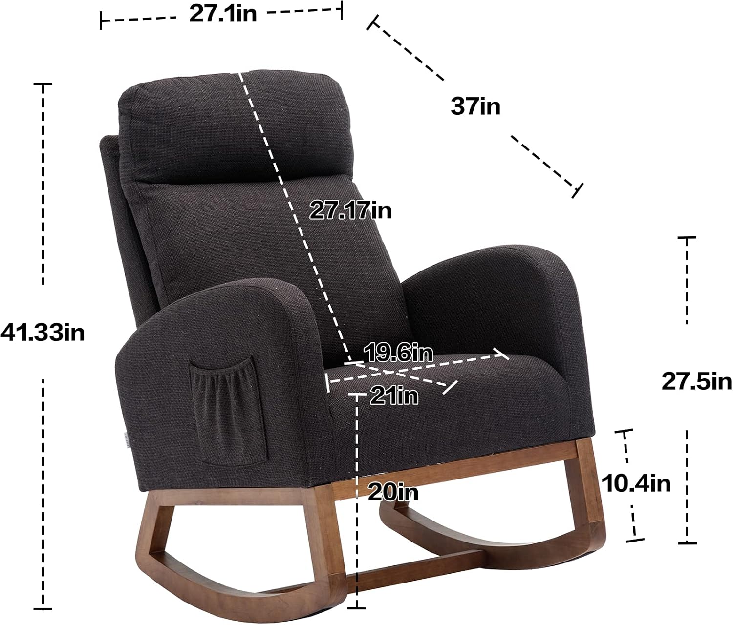 Modern Rocking Chair with Breathable Yellow Linen & Solid Wood Legs - Recliner Glider Armchair Featuring Side Pocket, High Back Support for Nursery, Living Room, Bedroom (Black)