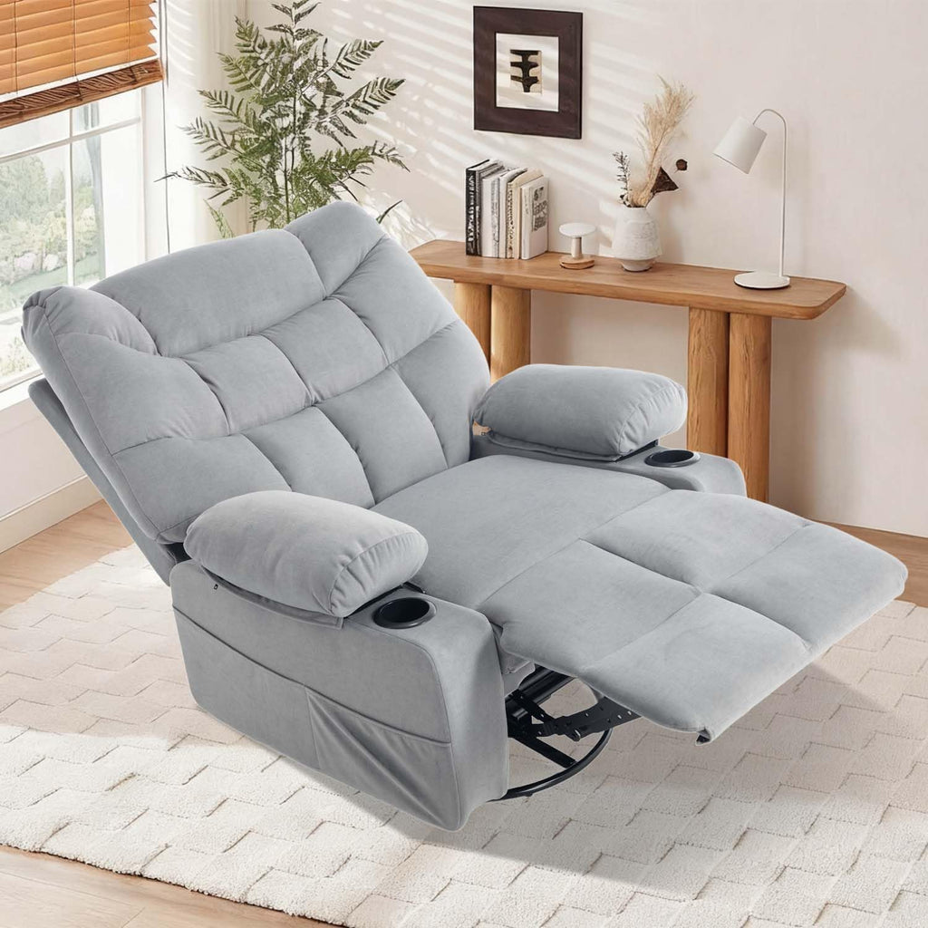 KCQ Swivel Rocker Recliner Chair with Massage and Heat, Fabric Heated Reclining Chairs Manual Recliner with Cup Holder for Adults, Nursery Rocking Glider Chair, Grey