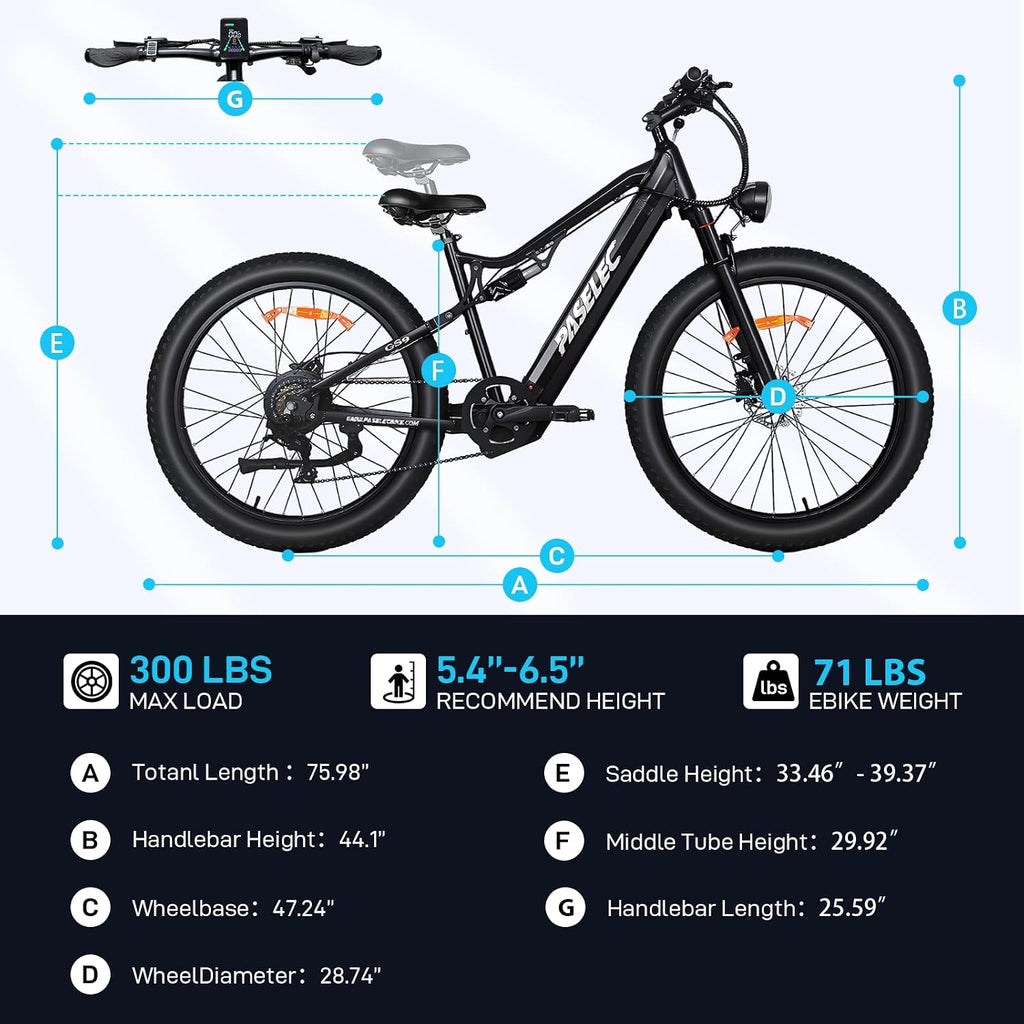 PASELEC Electric Bike for Adults, 1300W Peak Motor E-bike, 27.5'x3.0' Fat Tire Electric Mountain Bike With Full Suspension, 15.6Ah Removable Battery Adult Electric Bicycle, 70 Miles Max Range, 8-Speed