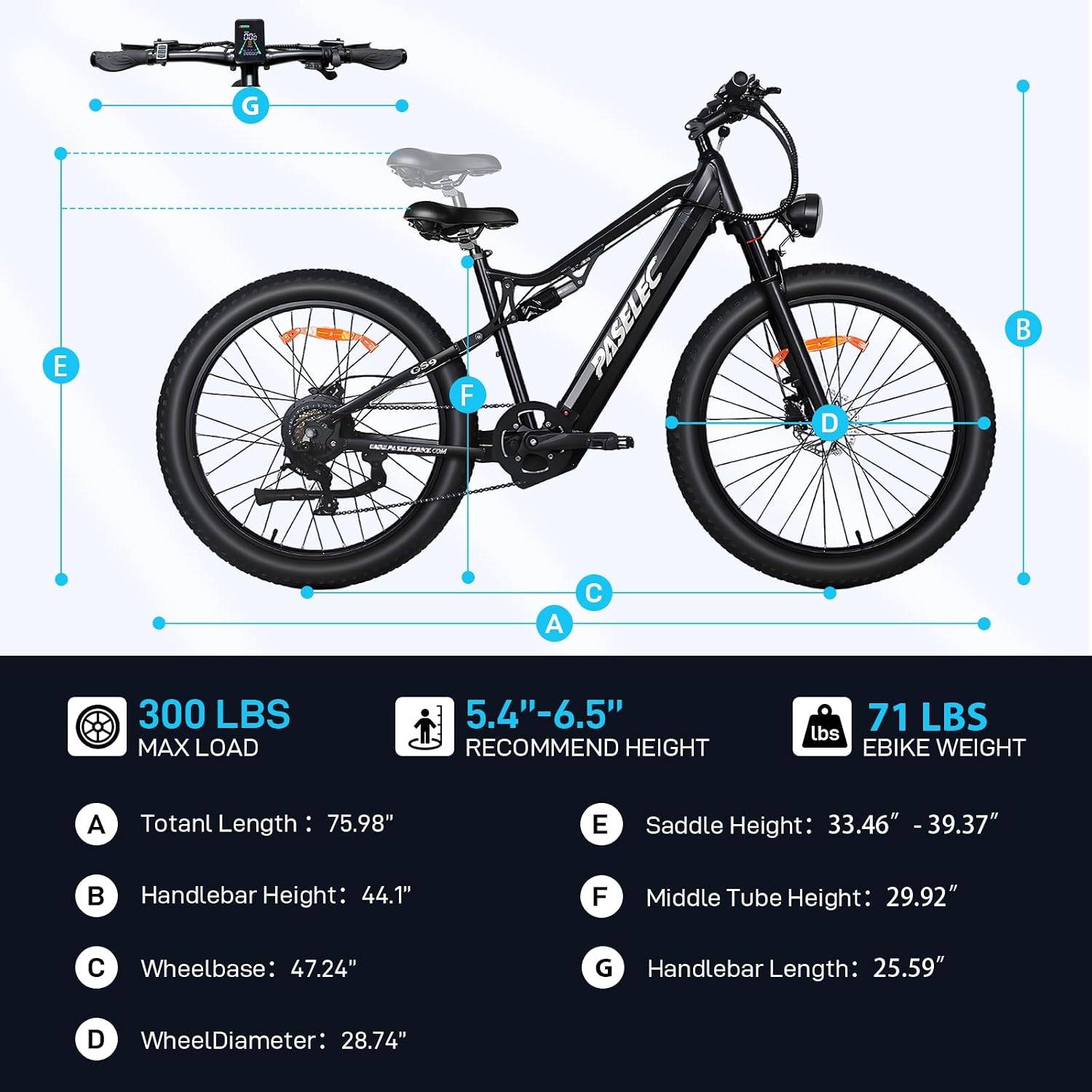 PASELEC Electric Bike for Adults, 1300W Peak Motor E-bike, 27.5'x3.0' Fat Tire Electric Mountain Bike With Full Suspension, 15.6Ah Removable Battery Adult Electric Bicycle, 70 Miles Max Range, 8-Speed