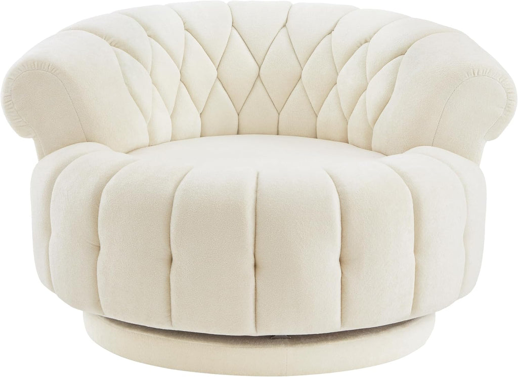360° Swivel Accent Chair, Chenille Fabric Barrel Swivel Chair Round Club Chair with Curved Armrests & Thick Cushioning, Stylish Channel-Tufted & Diamond-Quilted Backrest for Living Room (Beige,02)
