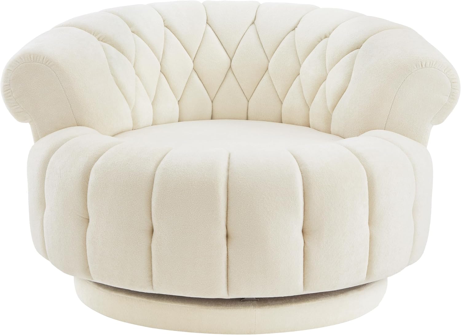 360° Swivel Accent Chair, Chenille Fabric Barrel Swivel Chair Round Club Chair with Curved Armrests & Thick Cushioning, Stylish Channel-Tufted & Diamond-Quilted Backrest for Living Room (Beige,02)