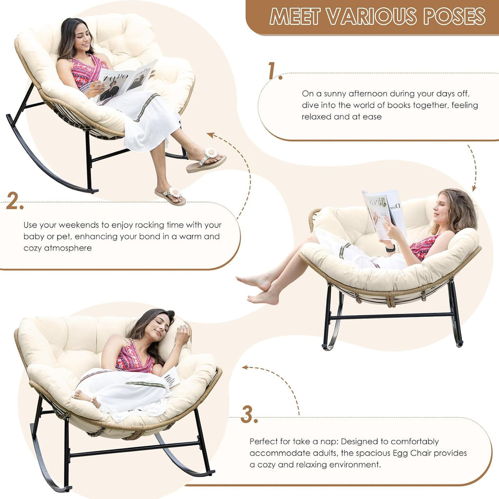 RADIATA Rocking Egg Chair Outdoor, Oversized Papasan Rocker with Cushion, 450 lbs Extra Wide Rocking Lounge Chairs, PE Wicker Big Comfy Sturdy Recliner Glider for Patio Porch Garden Living Room Beige