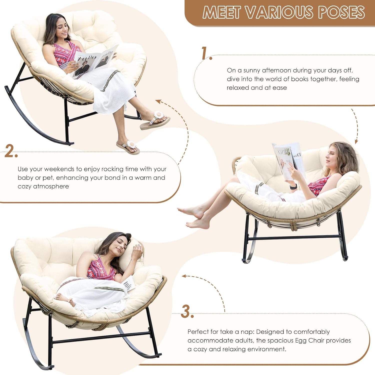 RADIATA 2 PCS Rocking Egg Chair with Cushion, Indoor Outdoor Oversized Lounge Chair for 2 Person, Comfy PE Wicker Papasan Rocker with 450 lbs Heavy Duty Capacity for Patio Porch Balcony Garden Beige