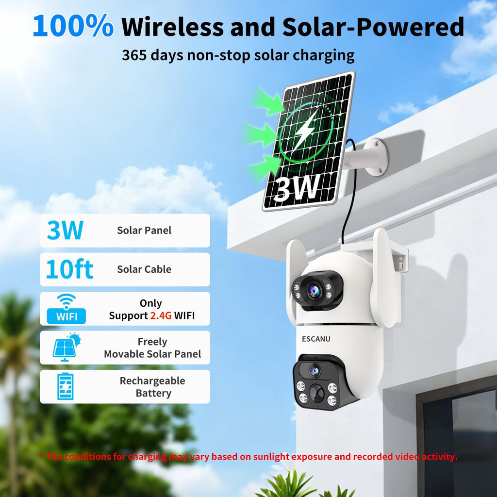 Security Cameras Wireless Outdoor with Dual Lens,Solar Cameras for Home Security with 360° View Pan/Tilt,Night Vision,Waterproof,PIR Alarm,2-Way Audio,SD/Cloud Storage,No Month Fee,2.4GHz WiFi(4 Pack)