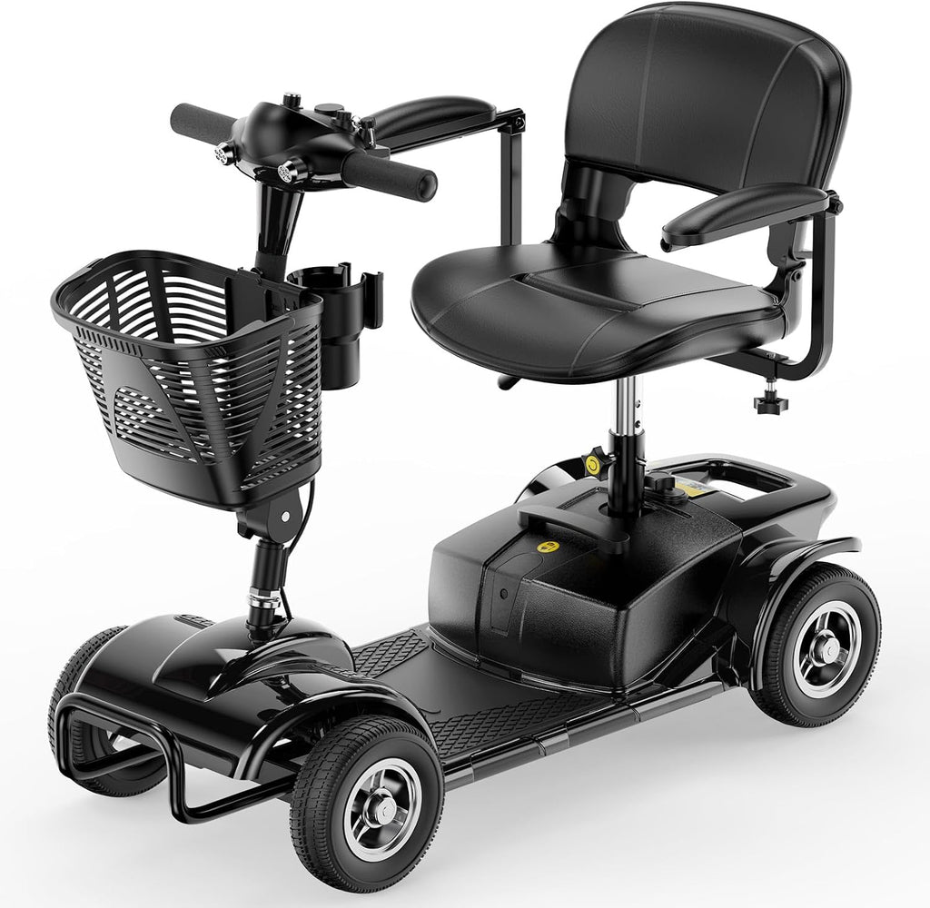 4 Wheel Mobility Scooters for Adults，Electric Power Mobile Scooters for Seniors，Foldable and Compact Heavy Duty Travel Scooter with Basket，Lights，Long-Lasting Battery and Cup Holder