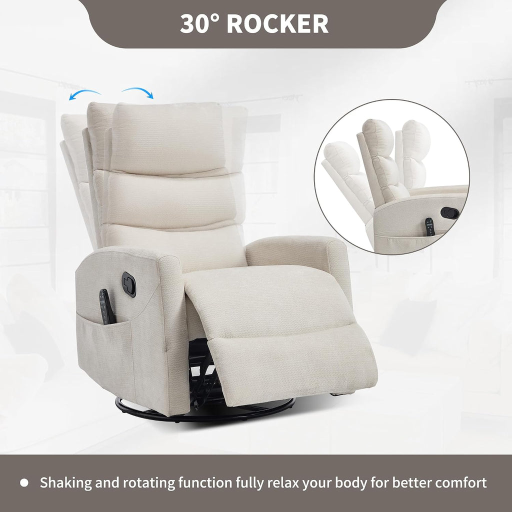 PELUMY 360° Swivel Rocker Recliner with Heat & Vibration Massage, Glider Rocking Chair for Adults, Compact Recliner for Living Room, Small Spaces, Nursery, Bedroom (Chenille, Beige)