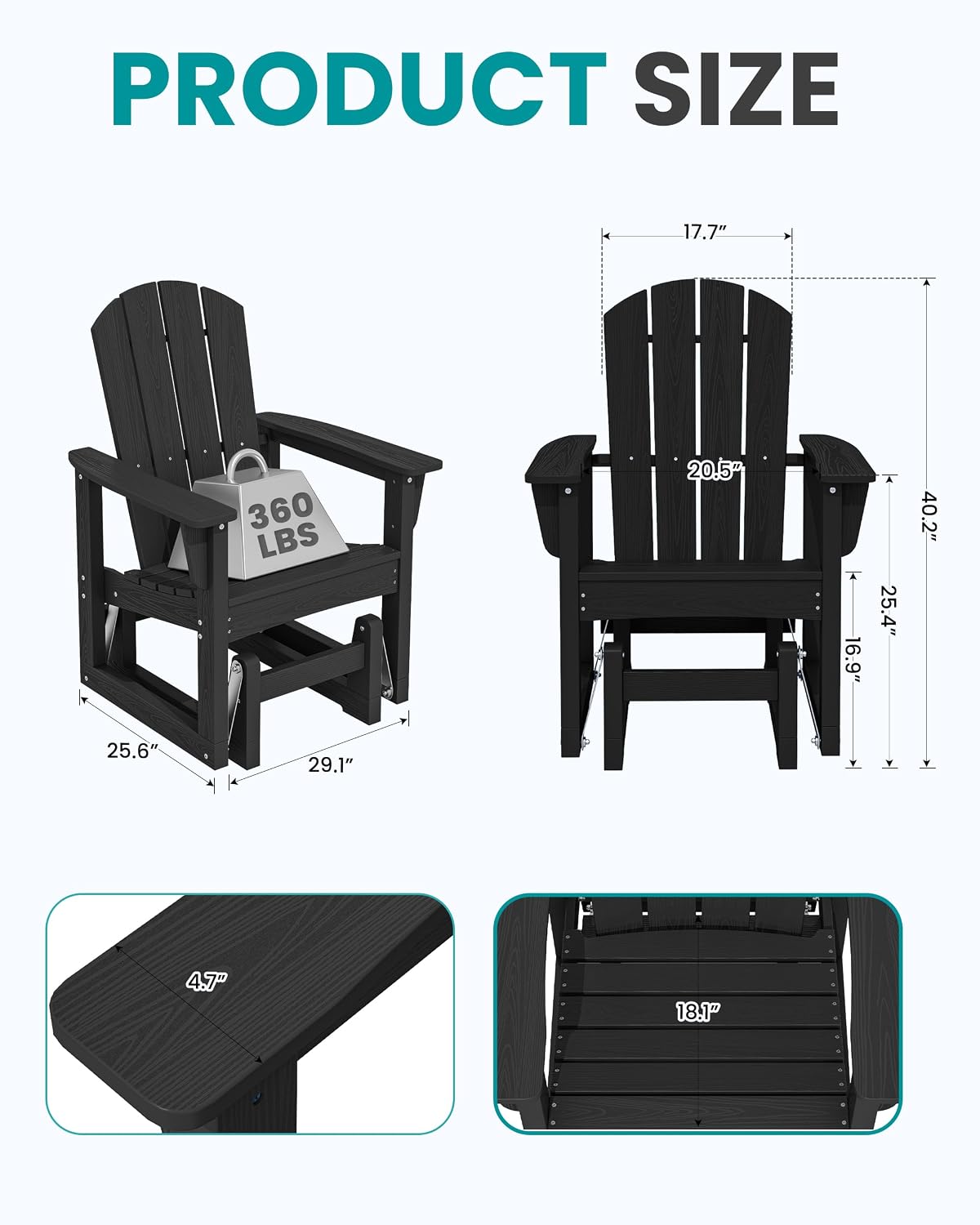 SERWALL Outdoor Glider Chair, HDPE Patio Glider Rocker All-Weather Porch Glider for Outside, Black