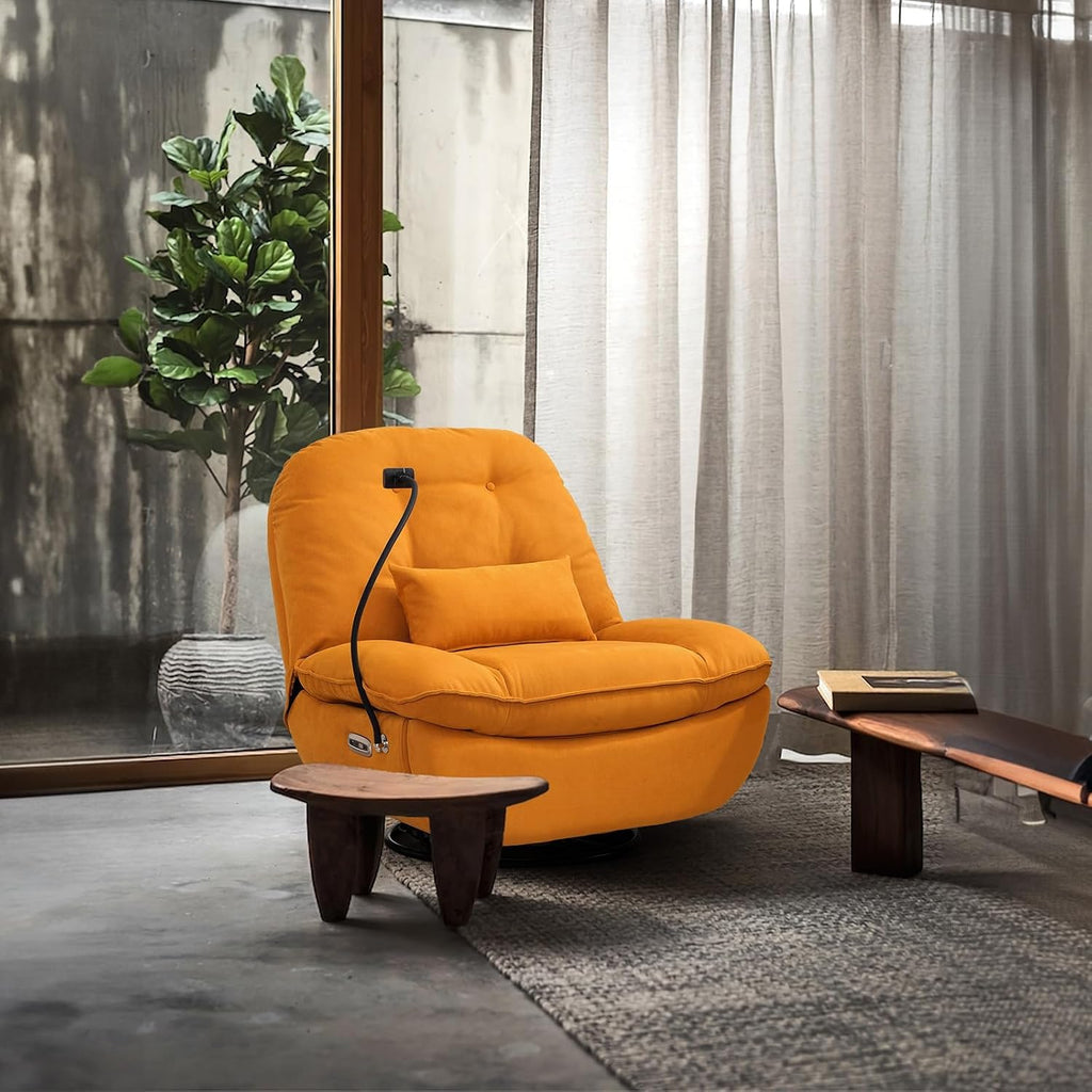 Smart Oversized Electric Recliner Chair, 360° Round Swivel Rocking Glider Rocker Chairs for Adults Modern Comfy Ergonomic Chaise Lounge Indoor, Theater Seating Living Room Reading, Soft Orange Fabric