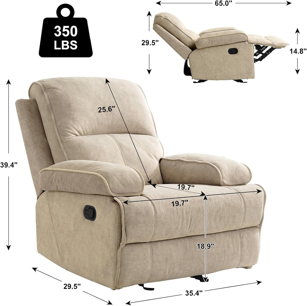 Manual Rocker Recliner Chair for Adults, High Back Glider with Deep Seat, Upholstered Fabric Armchair for Living Room & Nursery, Flaxen