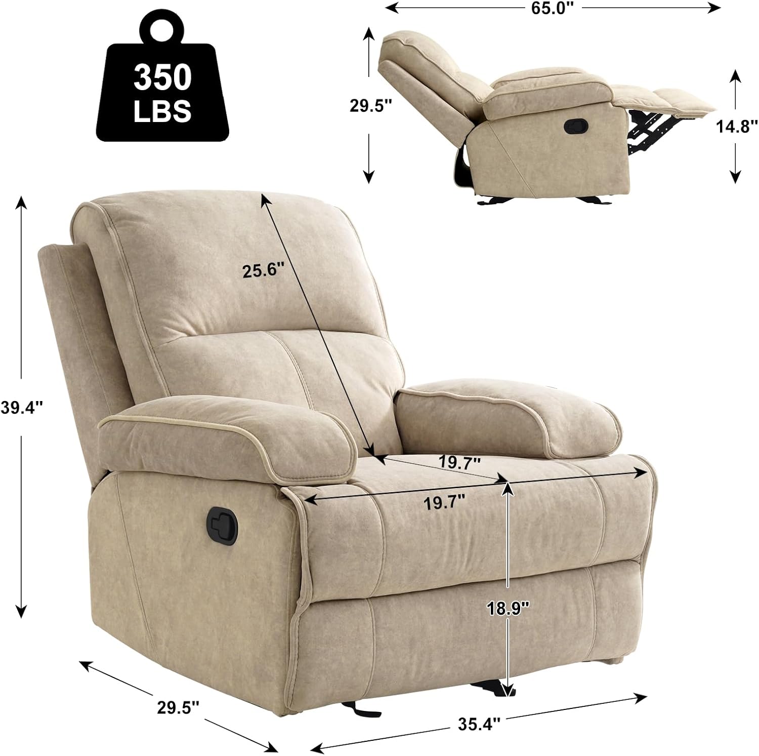 Manual Rocker Recliner Chair for Adults, High Back Glider with Deep Seat, Upholstered Fabric Armchair for Living Room & Nursery, Flaxen