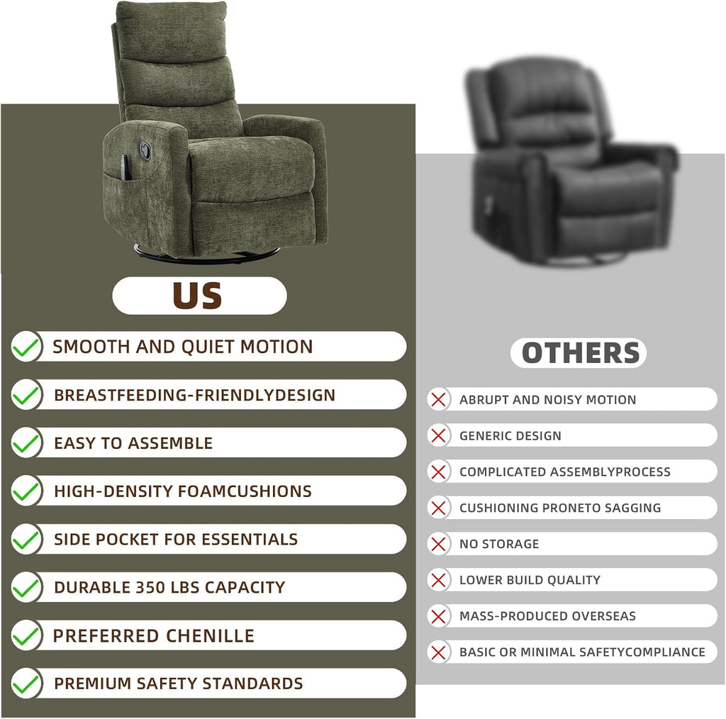 PELUMY 360° Swivel Rocker Recliner with Heat & Vibration Massage, Glider Rocking Chair for Adults, Compact Recliner for Living Room, Small Spaces, Nursery, Bedroom (Chenille, Green)