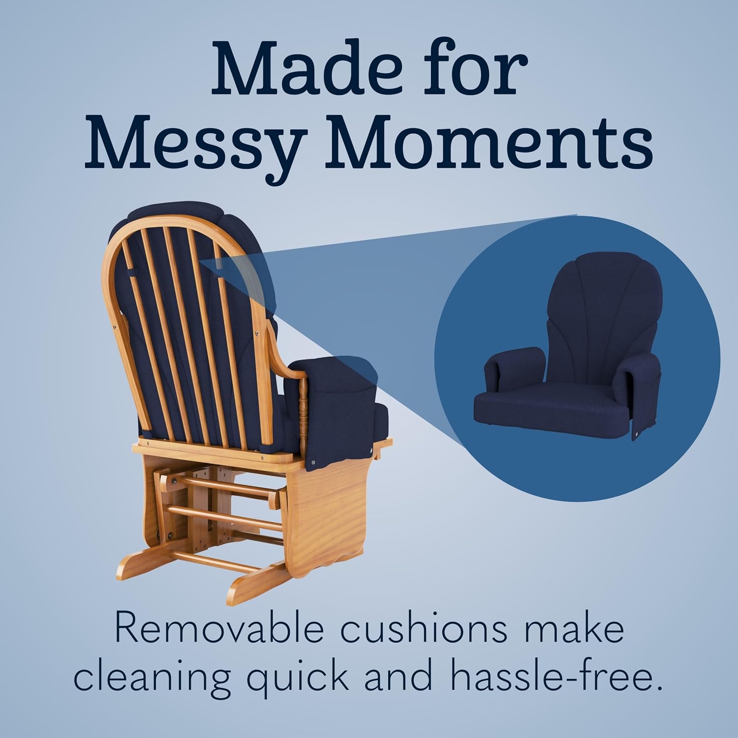 Foundations Lullaby Wood Base Glider Rocker - Baby Feeding and Rocking Chair for Nursery, Daycare Environment - Nursery Rocking Chairs with Padded Foam Arm Rests - (Natural/Blue)