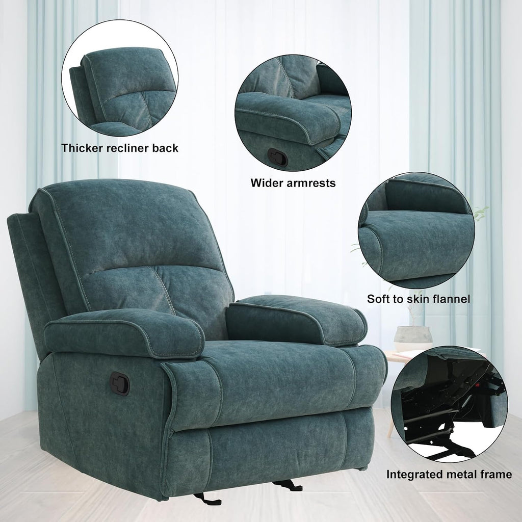 Manual Rocker Recliner Chair for Adults, High Back Glider with Deep Seat, Upholstered Fabric Armchair for Living Room & Nursery, Blue
