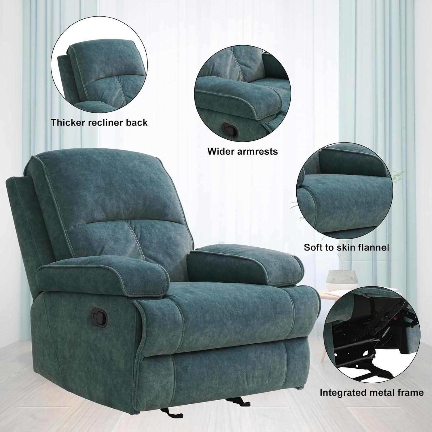 Manual Rocker Recliner Chair for Adults, High Back Glider with Deep Seat, Upholstered Fabric Armchair for Living Room & Nursery, Blue