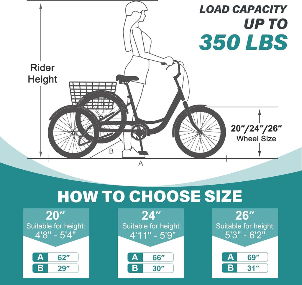 MOPHOTO Adult Tricycle 7 Speed, 20/24/26 Inch Low Step-Through Adult Trike with Large Rear Basket, 350 lbs Capacity 3 Wheel Bike for Seniors, Women and Men