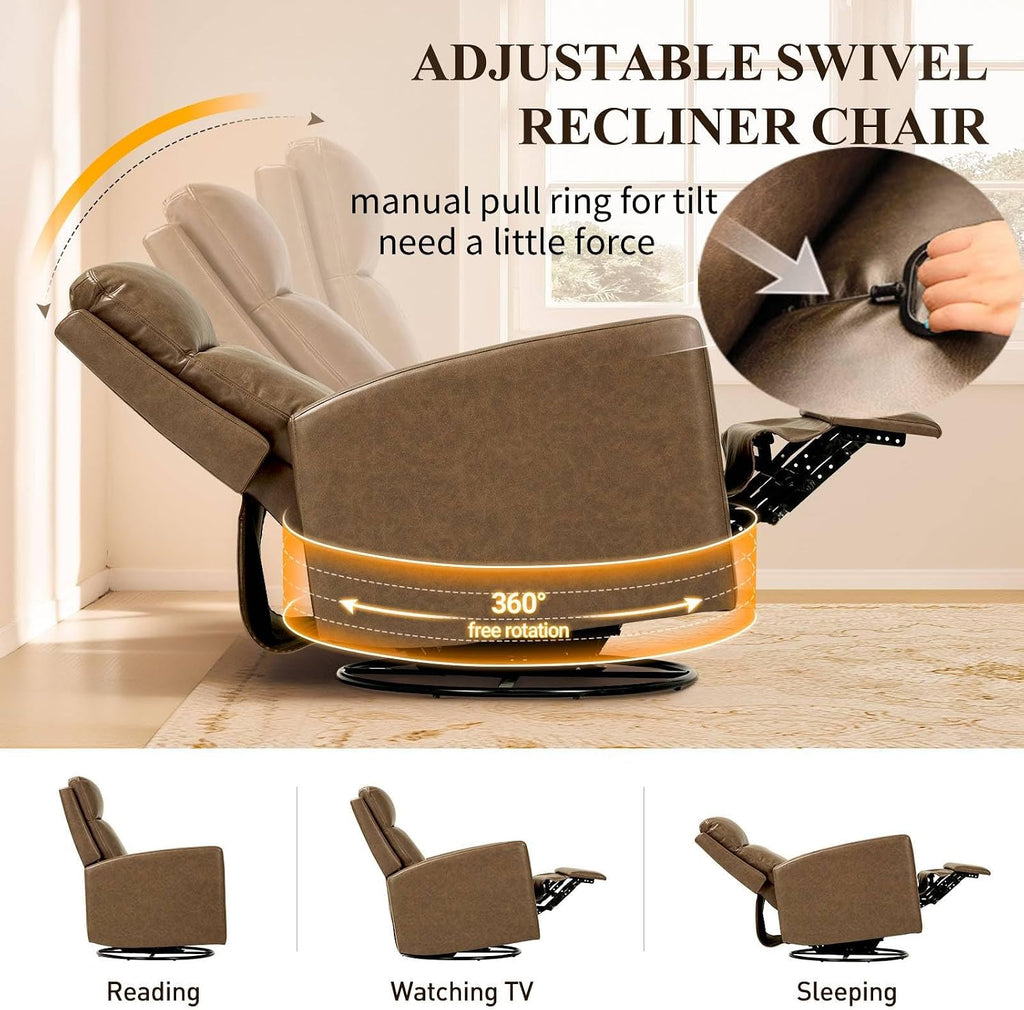 COLAMY Leather Recliner Chair for Adults, Swivel Rocker Recliner for Small Spaces, Wide Glider Rocking Nursery Chair with Ergonomic High Backrest, for Home Living Room, Office, Bedroom（ Brown）