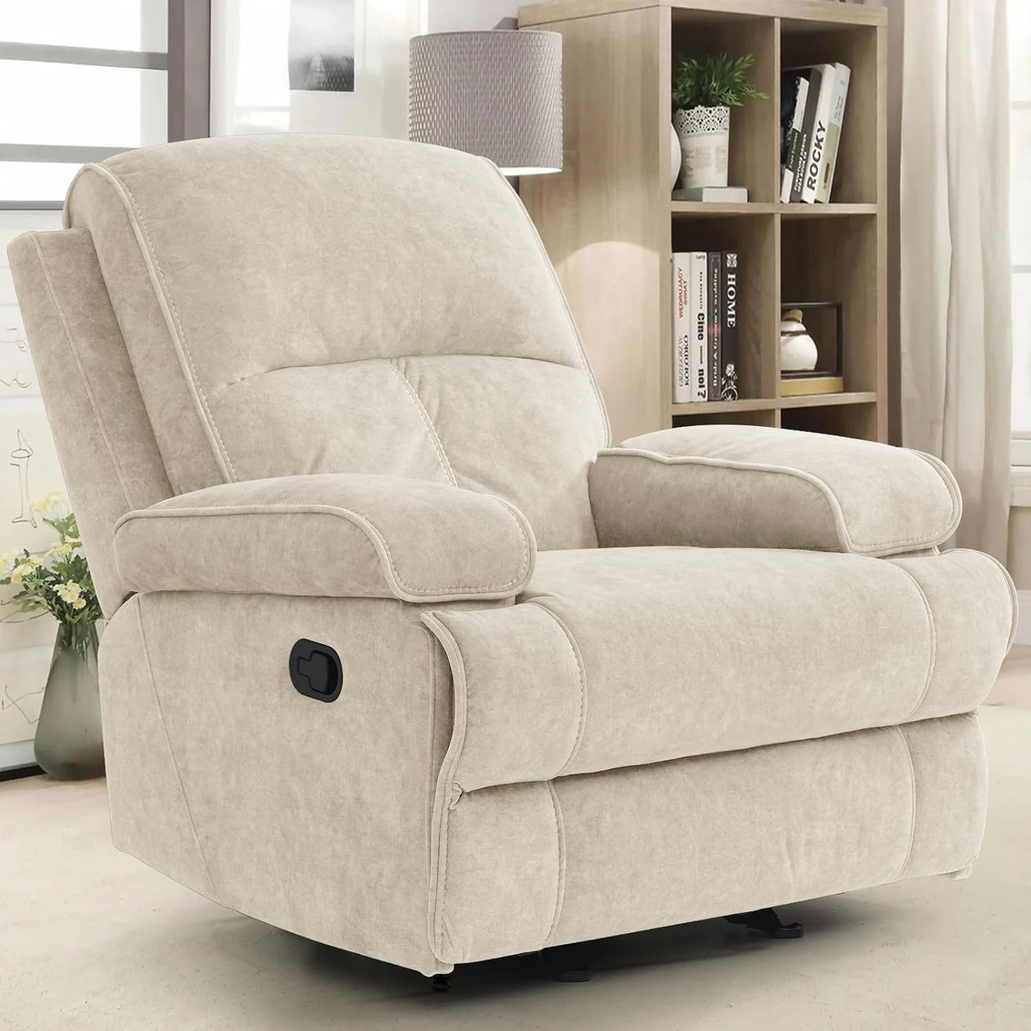 Manual Rocker Recliner Chair for Adults, High Back Glider with Deep Seat, Upholstered Fabric Armchair for Living Room & Nursery, Beige