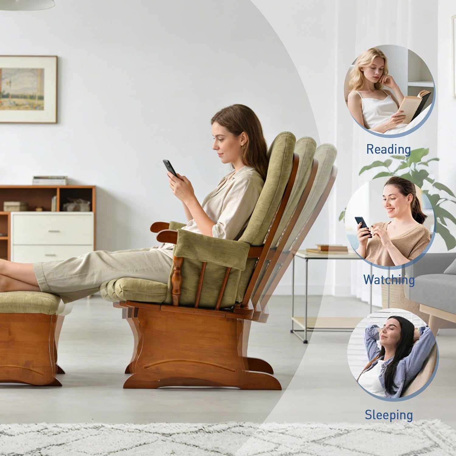 Glider Rocking Chair with Ottoman Set, Solid Wood Nursery Glider Rocker with Padded Cushion, High Back Upholstered Swivel Glider for Living Room, Nursing, Reading, 280LBS Weight Capacity,Oak+Khaki