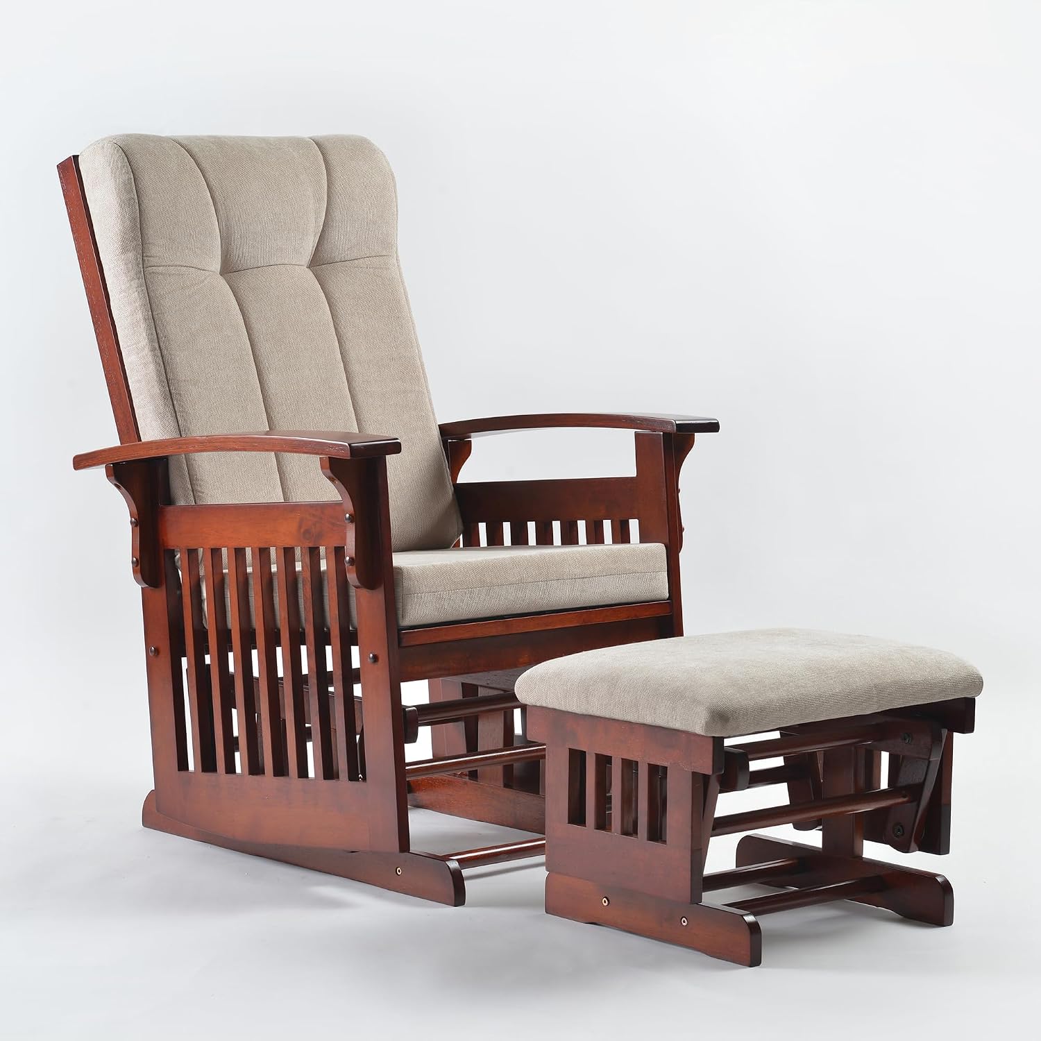 Solid Wood Glider Rocking Chair and Ottoman Set, Rustic Nursery Glider Rocker with Padded Cushion, Smooth Rocking Motion Indoor Living Room Nursing Napping Reading, Reddish Brown+Cream