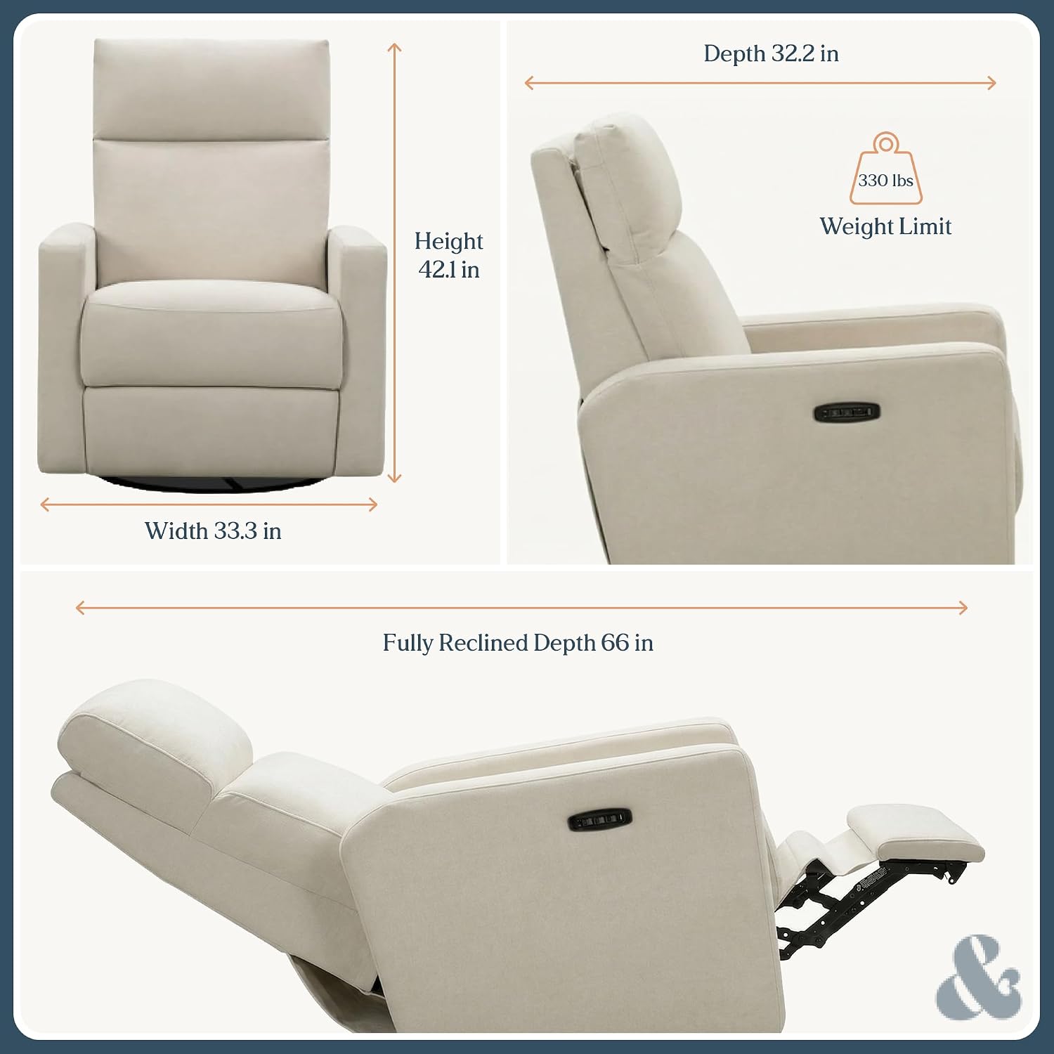 Nurture& The Glider Plus - Premium Nursery Power Recliner | Swivel Chair with Adjustable Head Support and Adjustable Lumbar Support | Built-in USB - The Ultimate Comfort for Nursing, Relaxing (Ivory)