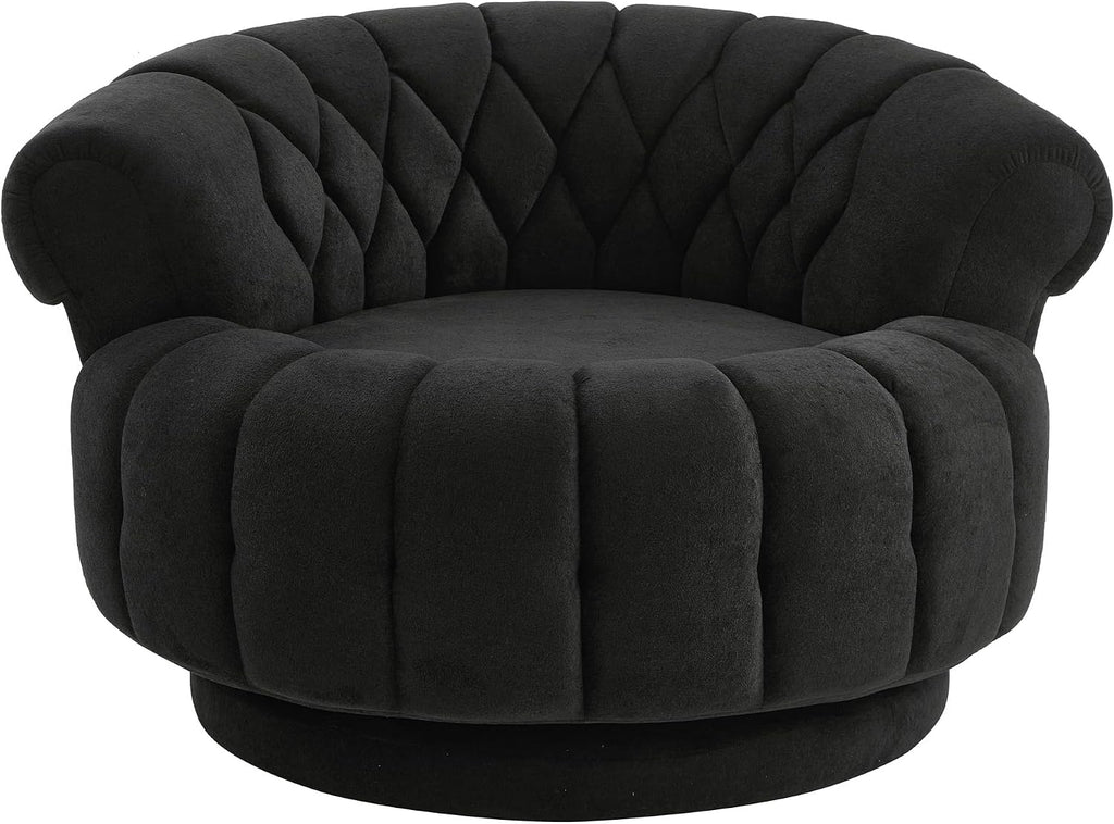 360° Swivel Accent Chair, Chenille Fabric Barrel Swivel Chair Round Club Chair with Curved Armrests & Thick Cushioning, Stylish Channel-Tufted & Diamond-Quilted Backrest for Living Room (Black,02)