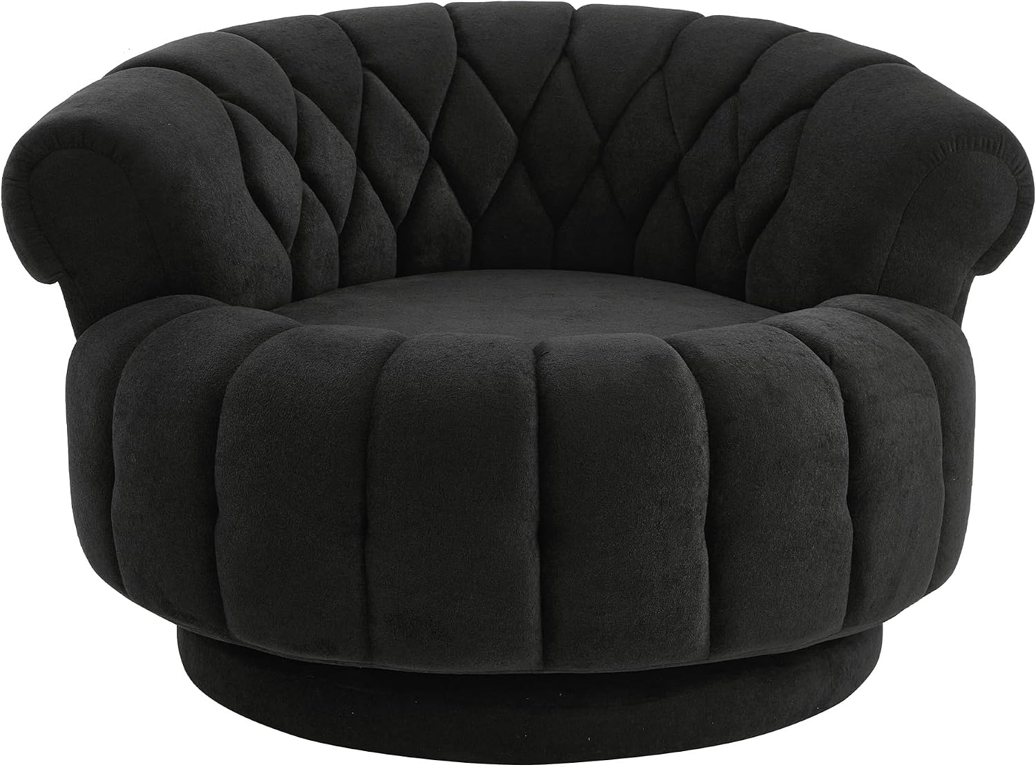 360° Swivel Accent Chair, Chenille Fabric Barrel Swivel Chair Round Club Chair with Curved Armrests & Thick Cushioning, Stylish Channel-Tufted & Diamond-Quilted Backrest for Living Room (Black,02)