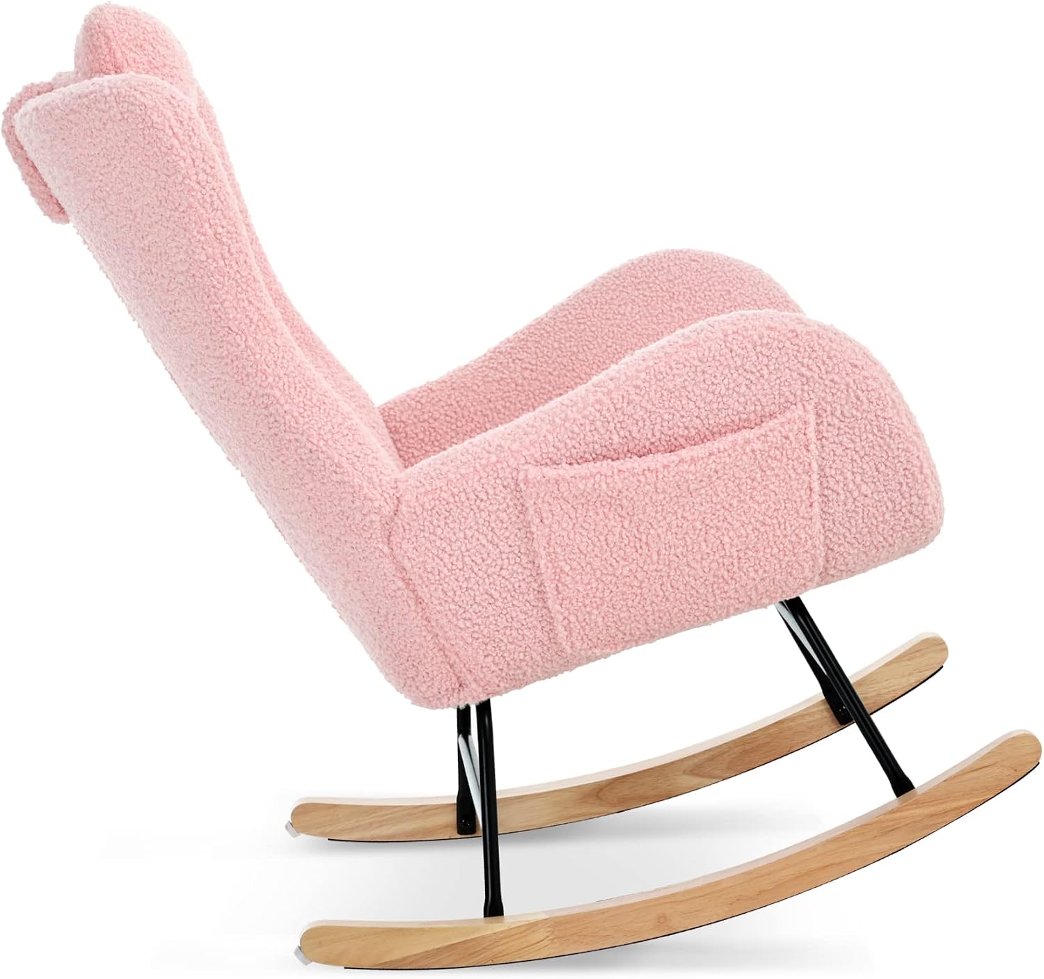 GDFStudio Aurla Rocking Chair, Teddy Upholstered Rocker Glider Chair with High Backrest, Adjustable Headrest & Pocket, Comfy Glider Rocker for Bedroom, Living Room, Offices, Rubber Wood, Pink