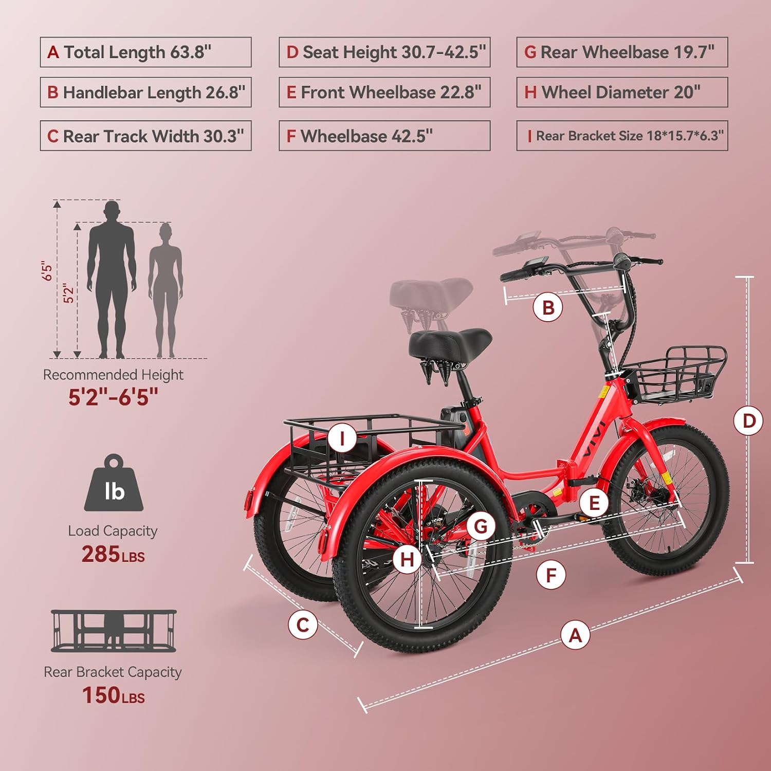Vivi 750W Peak 20'' Folding 3 Wheels Electric Bicycle Bikes, 48V 10.4Ah Removable Battery Electric Tricycle for Adults, Speed Differential, 15.5MPH Eletric Trike with Bracket