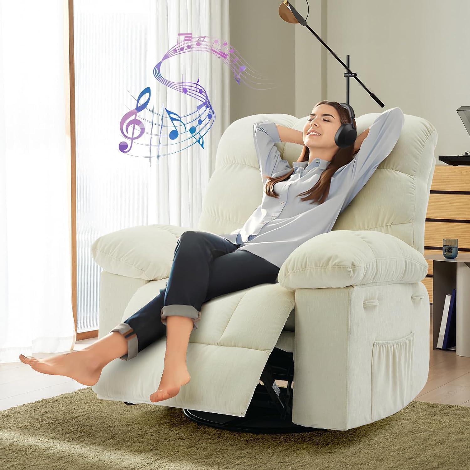 360° Swivel & Rocking Recliner Chair, Soft Fabric Upholstered Glider with Side Storage Pockets, Sturdy q235 Steel Frame Single Seat Sofa for Living Room, Nursery, Small Apartments – Beige