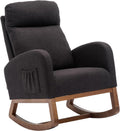 Modern Rocking Chair with Breathable Yellow Linen & Solid Wood Legs - Recliner Glider Armchair Featuring Side Pocket, High Back Support for Nursery, Living Room, Bedroom (Black)