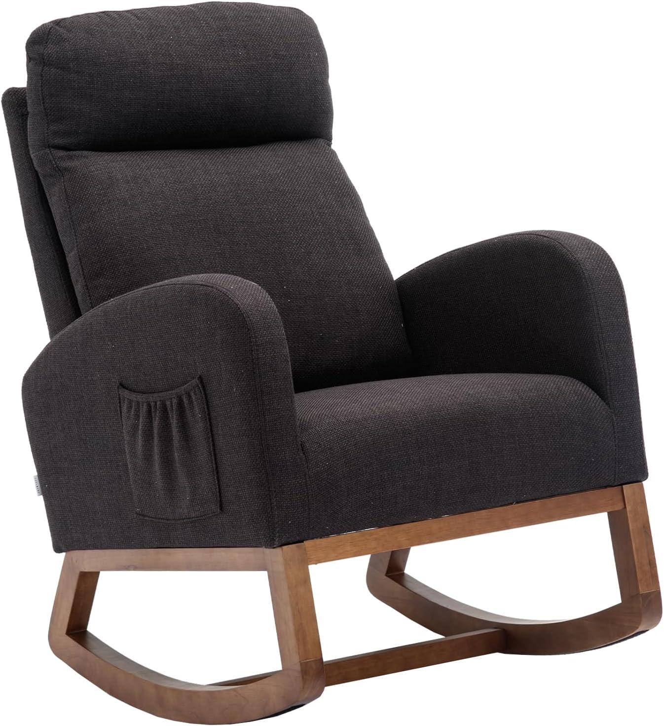 Modern Rocking Chair with Breathable Yellow Linen & Solid Wood Legs - Recliner Glider Armchair Featuring Side Pocket, High Back Support for Nursery, Living Room, Bedroom (Black)