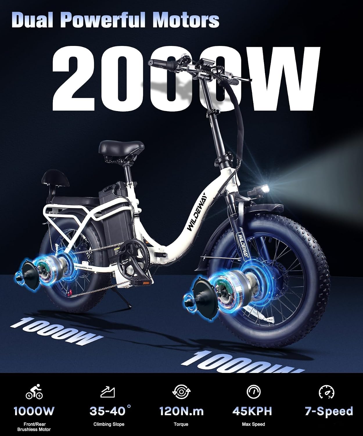 Wildeway 2000W Dual Motor Electric Bike SummitX 32Ah Battery E-Bike 90 Miles Long Range 28MPH Foldable 20x4.0 Fat Tire Ebike for Adult Hydraulic Brake Delivery Commuting Bicycle 2 Seat