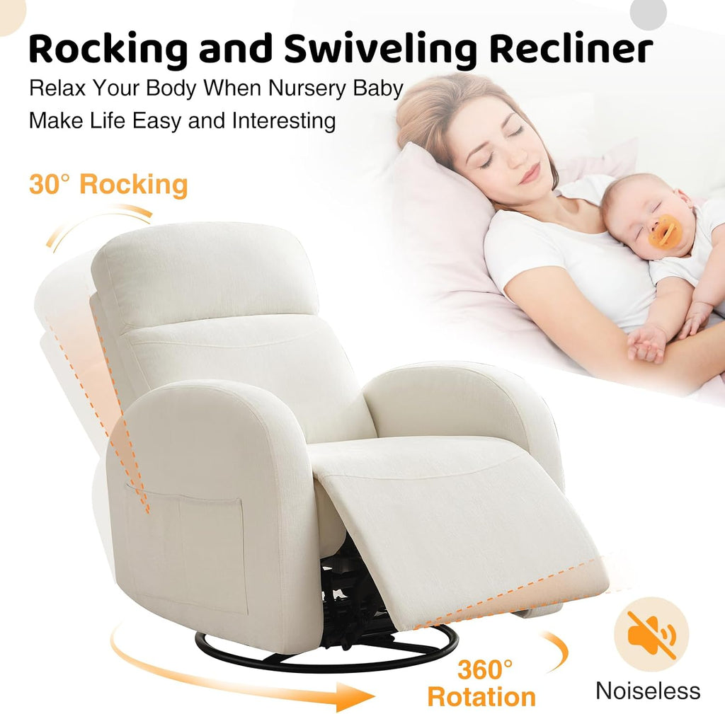 Swivel Recliner Rocker Nursery, Chenille Nursering Glider Recliner, Manual Swivel Rocking Reclining with Double Pockets for Living Room, Cream White