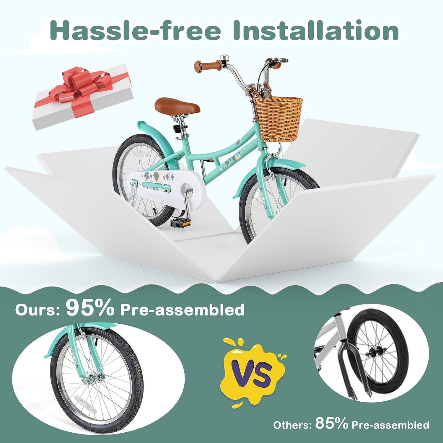 BABY JOY Retro Kids Bike, 12 14 16 18 Inch Child Bike for 3-8 Years Old w/Rattan Basket, Adjustable Height, Training Wheels, Fenders, Handbrake Coaster Brake, 95% Pre-Assembled Kids Bicycle for Girls
